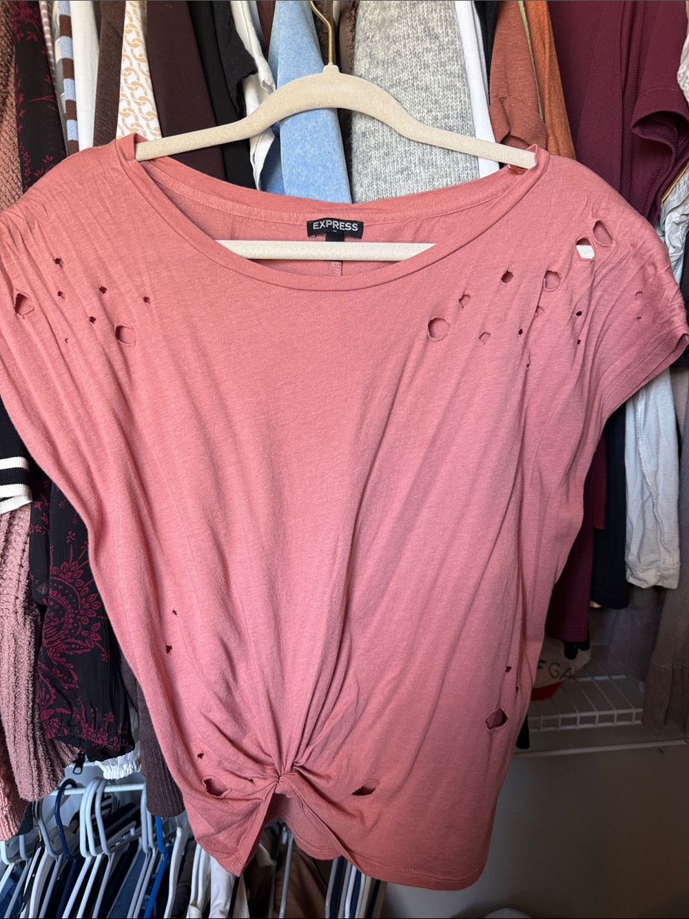 Express Rose Pink Distressed Knot-Front Short Sleeve Tee